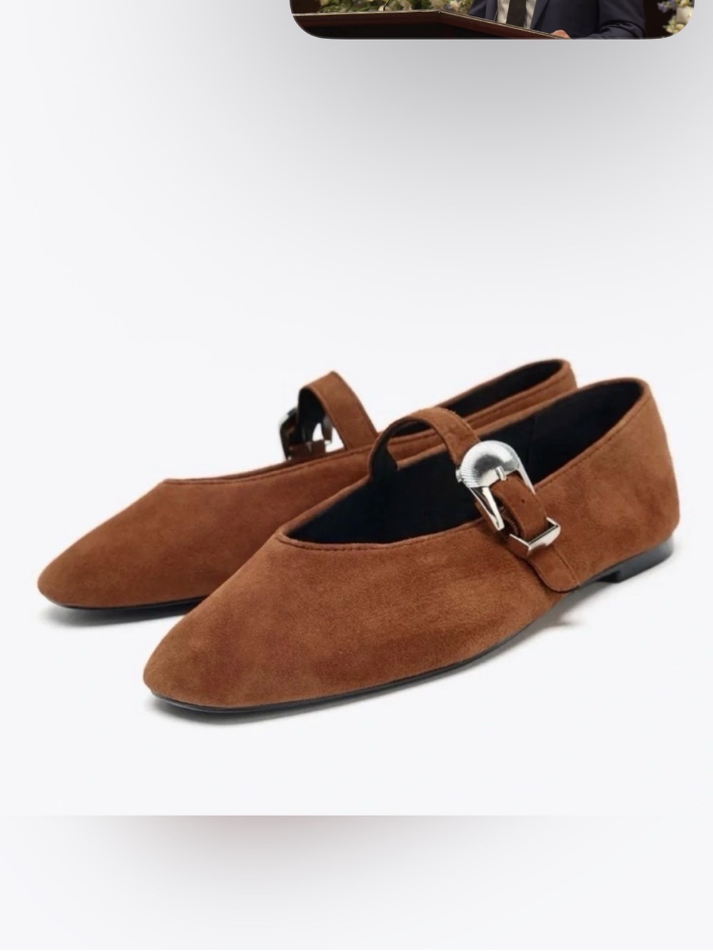 Zara Brown Suede Mary Jane Flats with Silver Buckle